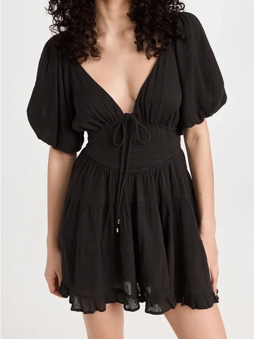 Free People Black Tie-Front Smocked Mini Dress